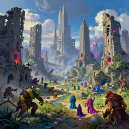 post apocalyptic scifi landscape with city ruins, bustling with orcs and elven mystics, by philippe druillet, psychedelic colors