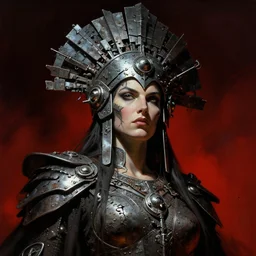 empress of the wasteland, scrap metal headdress, strong line, deep color, high contrast, beautiful! coherent! by brian froud, by frank frazetta, low angle