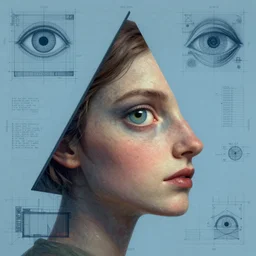 portrait of triangle shaped head with single giant flat eye, in the style of Greg Broadmore and Arthur Rackham,trending on artstation, light lighting side view,digital art,surrealism ,macro,blueprint ,vaporwave ,