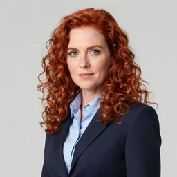 portrait of gillian anderson as dana scully x - files, woman with long red curly hair, fbi agent business suit, by atey ghailan, by greg rutkowski, by greg tocchini, by james gilleard, by joe fenton, by kaethe butcher, by ashley wood, dynamic lighting, gradient light blue, brown, blonde cream and white color scheme, grunge aesthetic