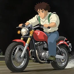 high quality anime movie still, motorcycle, stylized action shot of an orc popping a wheelie on a motorcycle, menacing orc, clear focused details, soft airbrushed artwork, black background, apocalyptic, studio ghibli, miyazaki, anime style