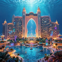 exterior huge architecture, digital art, royal atlantis underwater palace, a lot of lights and people, fantasy and vibrant, trending on artstation