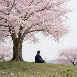 A lone samurai sitting on a hill surrounded by cherry blossom trees, photorealism, concept art, HD —H 1024