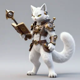 anthropomorphic white lynx fursona wielding steampunk book as a weapon, wearing steampunk suit with clockworks life support with lynx head, tail, paws, by tanidareal, irakli nadar, muggur, intricate linework, unreal engine, photorealistic render, furry art, furaffinity, bright sun backlight, white detailed fur, thin legs