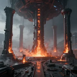 a minimalist scifi brutalist futuristic alien spaceship factory planet iron forge smelting pits with biomechanical columns of glowing plasma smoke, high dynamic range, ilm, beeple, star citizen halo, mass effect, bladerunner, elysium