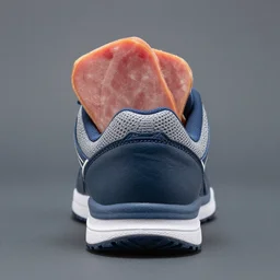 sports shoe with its heel slid back containing lunch meat, product photo