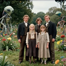sharp, highly detailed, 43456k film, 161800mm film still from a sci fi blockbuster color movie made in 2019, set in 1860, of a family standing in a park, next to some strange alien plants and flowers, on an alien planet, the family are all wearing 1860s era clothes, good lighting, ultra high definition, ultra enhanced faces, in focus, 35mm macro lens