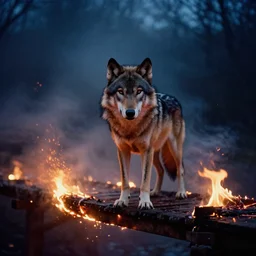 lomo photo of a wolf standing on a burning bridge, cinestill, bokeh, out of focus, embers, dramatic lighting, night, dark, detailed, grainy, fog