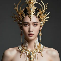 dramatic studio portrait of a beautiful flawless symmetrical man wearing intricate otherworldly gold and white jewelry and wearing an ornate elegant gold headdress, hyper realism, very detailed