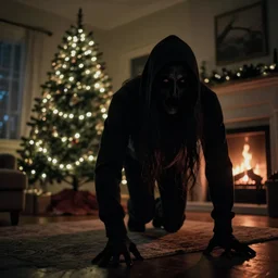 vunter slaush creeping at night, dark image, horror, Christmas tree with lights, fireplace in background, inside living room. Dark spect, 4k realistic