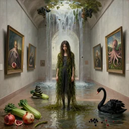 painting of a flooded renaissance art gallery and a tall emo girl wearing seaweed, art gallery interior, paintings melting and dripping, waterfall, pomegranates, courgette and asparagus, octopus, zen, black swans, berries, 2 0 mm lens, surrealist, by magritte and monet