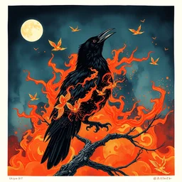 a beautiful painting crow of fire, by ukiyo - e award - winning art color screen printing
