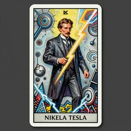 majestic futuristic visionary inventor nikola tesla tarot card by sachin teng, artgerm, darius zawadzki, masterpiece, organic painting, matte painting, technical geometrical drawing shapes, swirling lightning electricity bolt, hard edges, graffiti, movie poster art by sachin teng, artstation trending