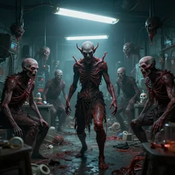 evil souls being produced in surreal sweatshop odyssey under fluorescent light hell, advanced, photorealistic, realistic, dramatic lighting, fantastic reality, by stefan bakałowicz, 8 k resolution