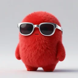 3 d render of completely red hairy cute antropomorphic cartoony creature wearing chrome shades, without nose, full body, in the style of pixar, white background, unreal engine 5, octane render, highly detailed hdr