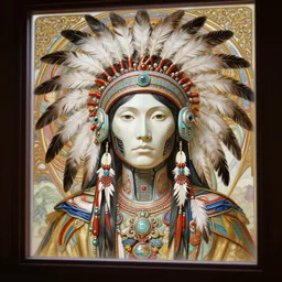 seen through a window!! portrait of a cyberpunk machine, machine face, upper half portrait, decorated with feathers, native american, fine china, traditional chinese art, intricate, elegant, highly detailed, headpiece, digital painting, artstation, concept art, smooth, sharp focus, illustration, art by artgerm and greg rutkowski and alphonse mucha, 8 k