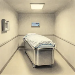 well-detailed interior of a morgue, pencil render hyper-realistic