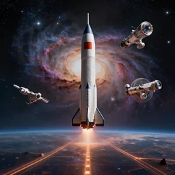 the rocket ship and space station on the silk road, cinematic environment, nebula cloud with stars, science fiction style scene