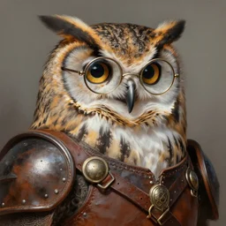 a detailed painting of an owl with old glasses dressed with a leather armor, by justin gerard and greg rutkowski, digital art, realistic painting, dnd, character design, trending on artstation