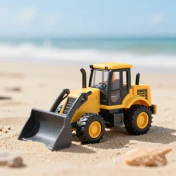 bulldozer toy on the beach, depth of field, holiday vibe, photo style, ultra realistic