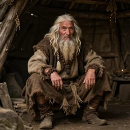 an old, playful shaman like peasant man, inspired by  sits in a peasant hut. high detail, photorealistic, cinematic lighting, brown tones, atmospheric,  fantasy concept art by Artur Mósca, Craig Wylie, Daniel Gerhartz