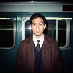 medium shot portrait in new york subway photographed at night with flash on analog medium format hasselblad film, 1 9 6 0 s film street photography, vintage expired colour film photograph