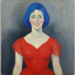 a beautiful painting of a smiling woman with short blue hair wearing a red dress representative of the art style of artgerm and wlop and peter mohrbacher
