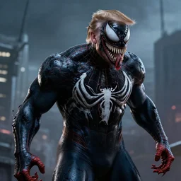 Donald Trump as Venom from spiderman, 8k, hyper realistic,fine details, foreboding