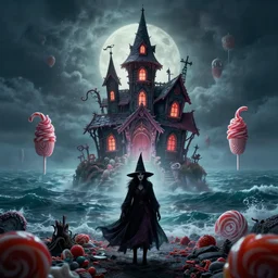 a scary witch in front of a witche house made out of candy, floating on the ocean, epic scene, fantasy, cinematic, hyper - detailed, in the style of greg rutkowski