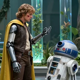 cinematic still image screenshot portrait of cybernetic half android half man luke skywalker battle wounds wearing a yellow cape holding up his cybernetic hand, while he is talking to a lonely medical droid, from the tv show on disney + anamorphic lens, ending from empire strikes back crisp 4 k imax, lit from below, plant forest in glass tubes, underlight, badass iconic scene, a
