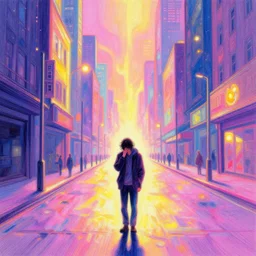 Heartbroken wanderer on the endlessly long and cosmic city streets. A concept of Melancholic Euphoric heartshine in the crush of oblivion. The vibrancy of nouveau is gilded with hollow-wishes. Trending on ArtStation. Vivid Pastel Ink Painting.