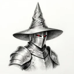 a very elegant sketch of fantasy knight and wizard hat mixture, medieval armor, pointy, the red eyes glow coming through the metal helmet, a mixture of pen and pencil, white and black, master of art