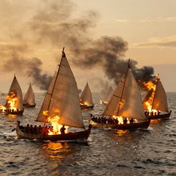 the battle of salamis with triremes on fire, photography, war photography, golden hour, extremely detailed, 4 k