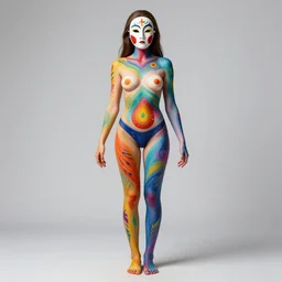 woman, body paintings, full character, character concept, mask, long hair, full body shot, many colors, colorful, all colors, highly saturated colors, Dan Mumford, Peter Mohrbacher, Alfons Mucha, fantasy character, detailed illustration, hd, 4k, digital art, overdetailed art, concept art, trending on artstation