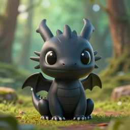 a portrait of a cute happy tiny black chibi dragon, black eyes, forest background, octane render, depth of field