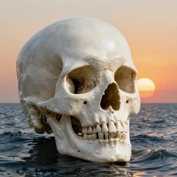 a skull that is the sun rising just above the horizon over the sea by dan mumford and vladimir kush and donato giancola and ted withers and peter driben and brom and roberto ferri, green water, synthwave, retrowave, highly detailed, high contrast, intricate details, blended palette