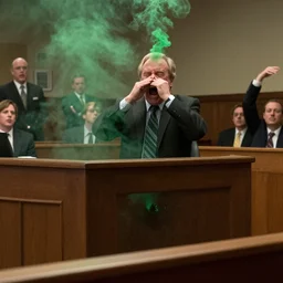 screencap from better call saul episode, 'chuck mcgill'!! screaming, testifying on witness stand, plugging his nose, green stink fumes coming from rear, people running