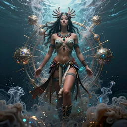 a centered full body render of an alluring futuristic goddess wearing tribal clothing surrounded by a underwater ink pour and flowing liquid galiumand sacread geometry, perfect body and face, powerful, cinematic, beautifully lit, by artgerm, by karol bak, by viktoria gavrilenko, 3 d, trending on artstation, octane render, 8 k