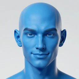 a face portrait of a [ blue ] humanoid male with, elegant, smiling, chiseled jaw, slightly smiling, triton race from d & d, elf ears, beautiful man, long blue hair in a ponytail, short hair on sides, white background, by edward hopper
