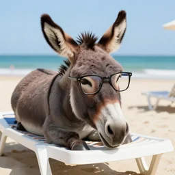 Donkey with cool glasses lying on a sunbed at the beach, 8k, highly detailed