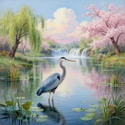 a beautiful painting of blue heron in shallow river with waterfalls in distance, lake surrounded by beautiful willow and cherry blosom trees, lily pads, bullrushes, marsh, puffy clouds, morning dawn, intricate, highly detailed digital art, sylized, featured on artstation, by Artgerm and Mikko Lagerstedt