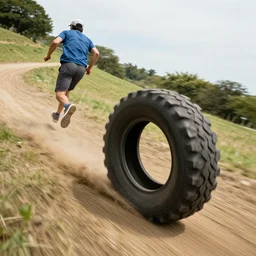 tire rolling downhill man running behind it