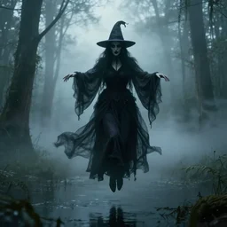 The haunted witch floats above the bayou by Anders zorn, photorealistic cinematic lighting, fog, unsettling, horror movie scene from the 90s