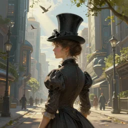 portrait of a victorian lady in a futuristic city, from behind, streets, birds in the sky, sunlight and rays of light shining through trees, with a tall hat, tall buildings on the sides, beautiful, solarpunk!!!, highly detailed, digital painting, trending on ArtStation
