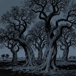 gnarled trees on a darkling plain, drawn by christan delort and jean gireaud,