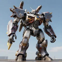 giant cyborg with multiples rockets and weapons, octane render, volumetric, unreal engine