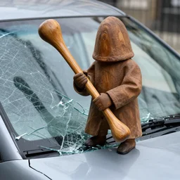 Caveman wooden club Pelt coat in London shattered glass damaged car