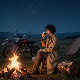 A girl with short black hair and green eyes in a tan trenchcoat sitting on a log and drinking tea by the campfire by her motorcycle at night under the stars, elegant scene, beautiful landscape in the background, wide angle, cinematic lighting, atmospheric, ultrarealistic, trending on artstation, cgsociety, highly detailed, color graded, in the style of craig mullins, rendered in Unreal Engine 4k HQ, horizon forbidden west
