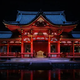 Malevolent Shrine, Malevolent Shrine, Colorful Digital Photography, Surrounded by Black Water, Dark, Red Shrine, Traditional Shrine, Intricate Detail, ELS, ISO 100