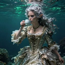 A 18th century, messy, silver haired, (((mad))) elf princess, dressed in a ((ragged)), wedding dress, is ((drinking a cup of tea)). Everything is underwater and floating. Greenish blue tones, theatrical!, ((((underwater lights)))),   fantasyconcept art, inspired by John Singer Sargent's Lady Macbeth